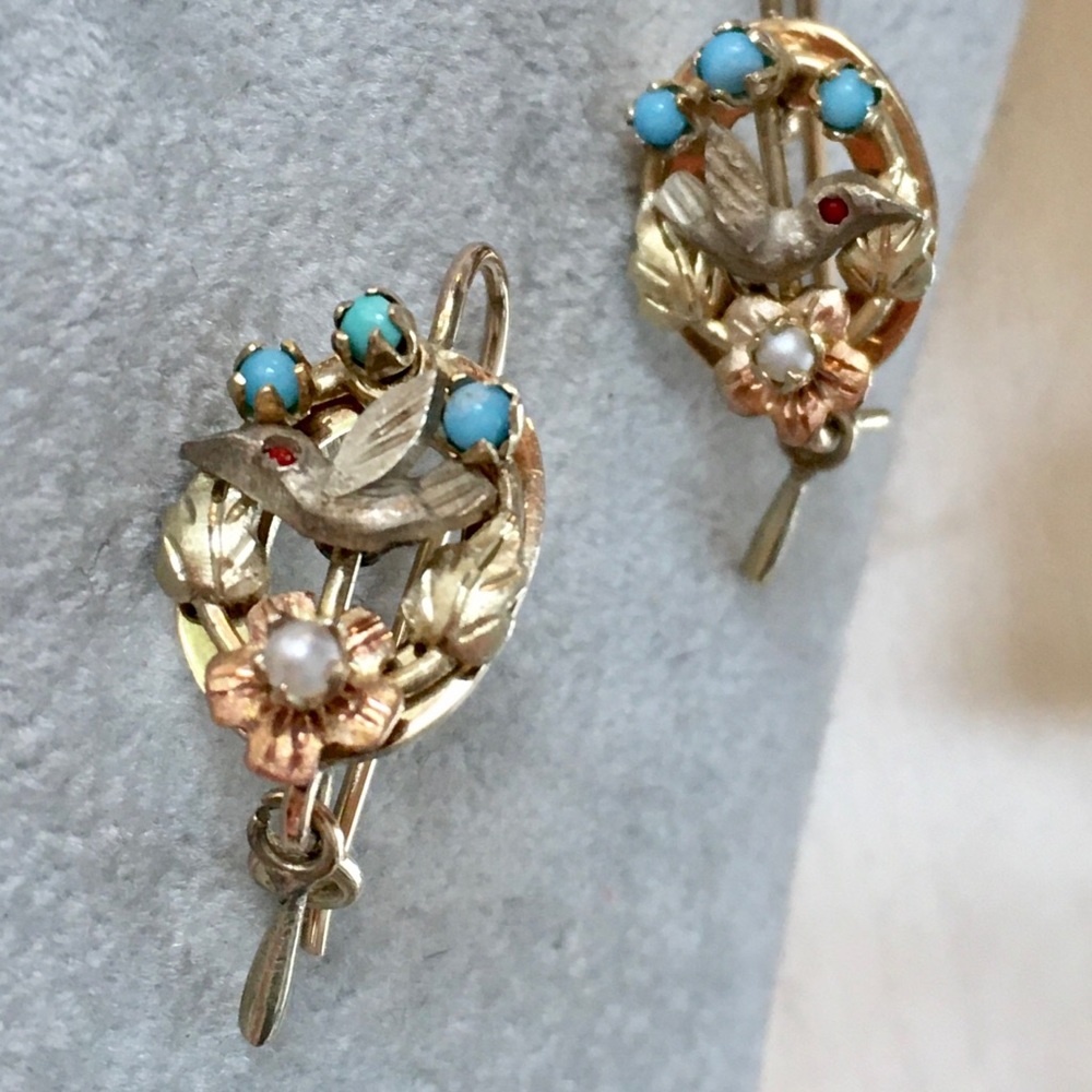 Victorian Era Earrings - Seed Pearl - Beads - Bird